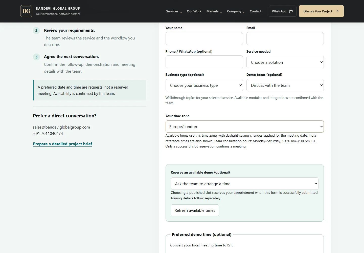Blank BANDEVI consultation form with London time-zone selection; no customer details