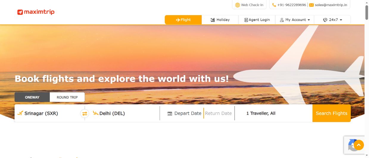 MaximTrip public homepage with travel navigation and flight search